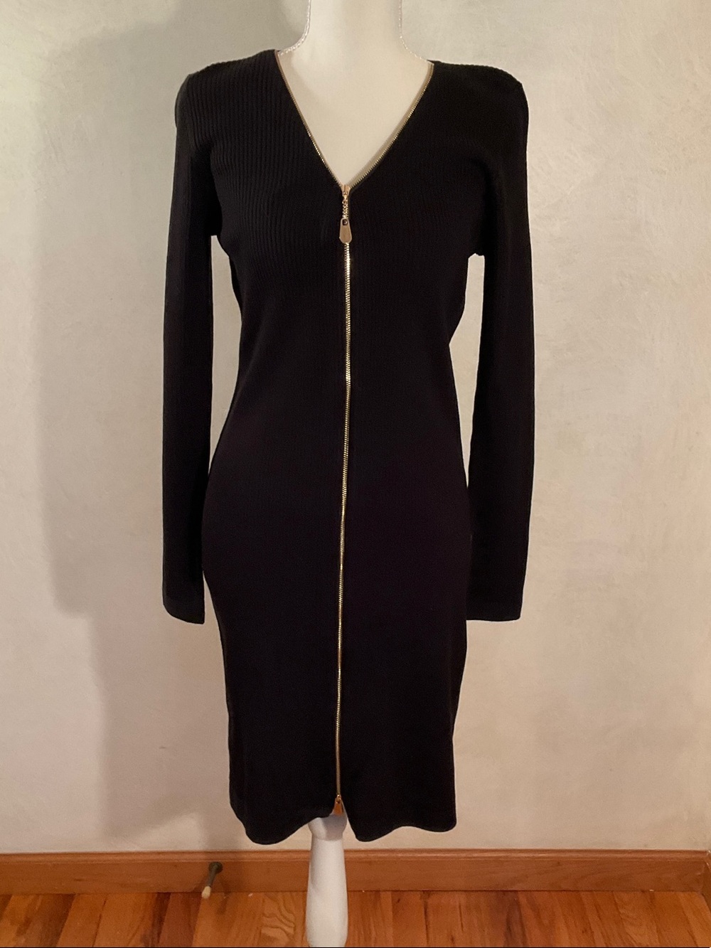 Calvin Klein Black Long-Sleeve Zip-Front Knit Dress